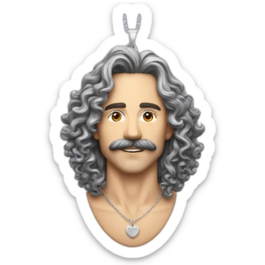 guy long curly hair moustache silver earrings and necklace sticker