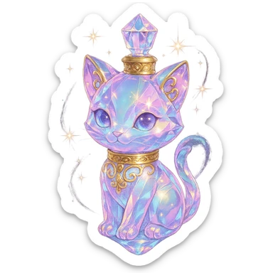 premium class crystal elixir bottle in the shape of a kitten, pastel gradient, lots of shine, edges, ornaments, golden details, magical effects, very small golden collar, transparent background, beautiful merging base, clearly floating in the air, no base or shadow, very luxurious, playful, fitting a collection sticker