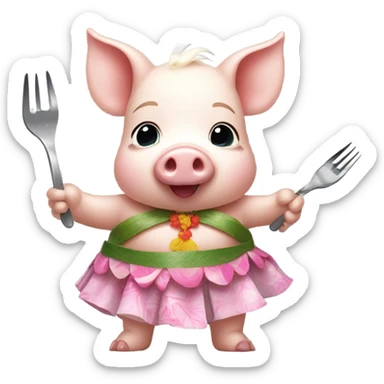 Baby pig wearing a hula skirt holding a fork add a coconut bra and a lay around its neck sticker