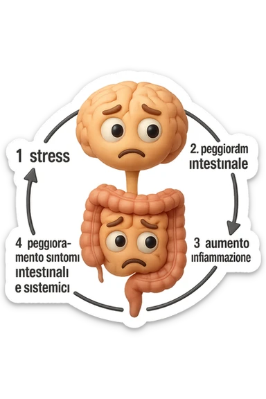 EMOJI STILE IPHONE 3D DI un cerchio con queste scritte che girano intorno in ordine per come li ho scritti "1. stress → 2. peggioramento intestinale → 3. aumento infiammazione → 4. peggioramento sintomi intestinali e sistemici." al centro del cerchio metti un cervello e intestino umani collegati verticalmente con espressione dubbiosa in volto, FALLO MOLTO REALISTICO IN 3D sticker