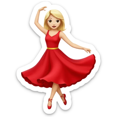 a yellow-blonde woman dancing wearing a red dress, in flat emoji / Apple style, smooth shapes, glossy highlights, bright saturated colors, simple features, minimal details, no outlines, red clothes flowing, joyful pose
 sticker