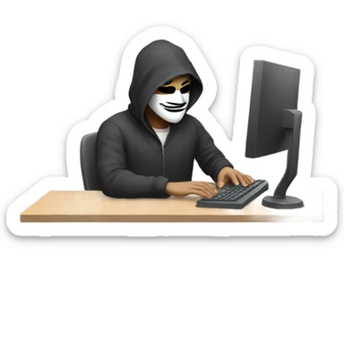 Man in anonymous mask typing text on computer sticker