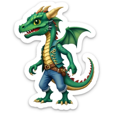 anthropomorphised dragon in a band t-shirt and jeans wearing a pirate eye-patch walking upright sticker