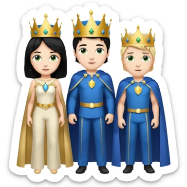 Prince with crown, blue cape and trousers, body and legs, black hair, blue eyes, woman blonde hair, green eyes, sexy white short sleveless dress,  sticker