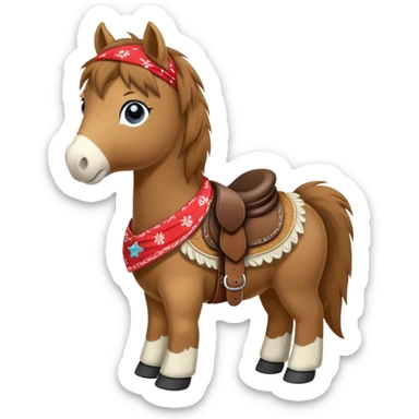 A brown plush pony with a western saddle and bandana sticker