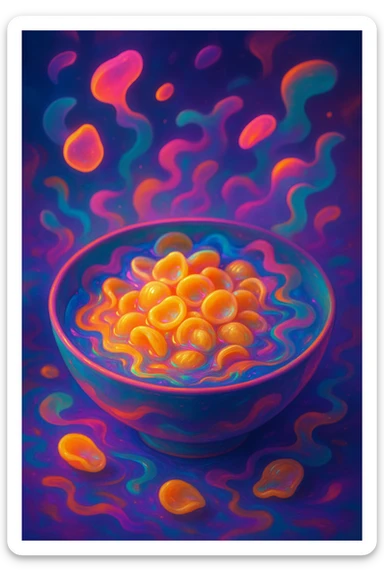 a surreal bowl of orecchiette pasta, dreamlike, floating shapes, unexpected colors, imaginative details sticker
