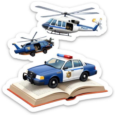 Icon for Action & Crime Reading: an open book with text, from which a police car is driving out along the pages, with explosions behind, a helicopter flying overhead, and a pistol with ammo and grenades in front. Transparent background. sticker