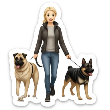 White Woman Walking two dogs. Pug and German shepherd  sticker