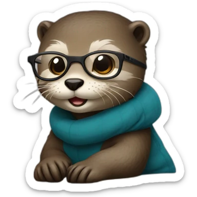 female otter with glasses use a macbook while seated against a pillow sticker