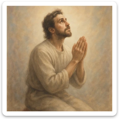 a person kneeling in prayer, hands together, looking up, spiritual atmosphere, gentle colors sticker