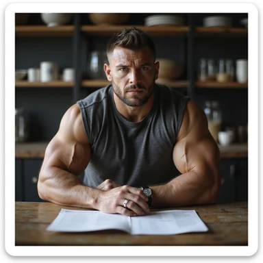 hyperrealistic 4K image of a bodybuilder sitting at a table with a meal plan in front, reflective expression, about to change diet focus from mass to definition, sheet showing old diet and new meal plan comparison, detailed kitchen or gym environment sticker