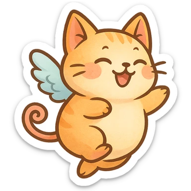 a plump cat with pig tail and wings, soaring, joyful, fantasy style, cute cartoon sticker