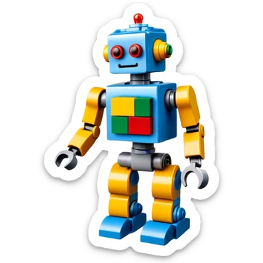 A photorealistic icon featuring a detailed robot figure built from LEGO bricks, with intricate parts and colorful pieces. The design includes the LEGO logo subtly visible, with a focus on the craftsmanship and creativity of the build. Transparent background. sticker