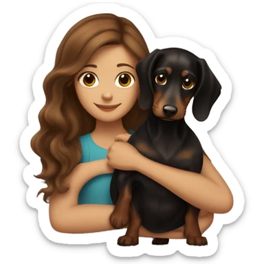Brown long wavy hair girl cuddling a small honey black dachshund sticker