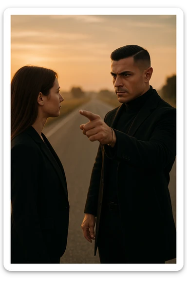 Cinematic photo of a confident man giving clear direction to a woman, standing in front of her with a firm but calm expression, pointing forward as if showing her the path to follow. The man is dressed in a dark jacket, embodying the role of a commander, while the woman looks at him attentively, ready to follow. The setting is an open road at sunrise with soft golden light, symbolizing new beginnings and leadership. Shot from a side angle, capturing both profiles with a clear view of his guiding gesture. sticker