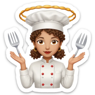 Mixed-race female chef with medium-length curly brown hair, wearing a chef's hat (toque), with both an angel halo and devil horns on her head sticker