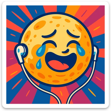 a full moon with earbuds, smiling and crying, vibrant modern illustration style, bold colors and dynamic composition sticker
