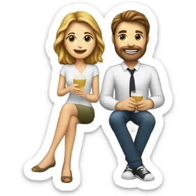 couple with white skin people and brown hair, sitting closely on a park bench, enjoying a romantic moment. One person is holding a croissant, and the other is holding a glass of Prosecco.  sticker