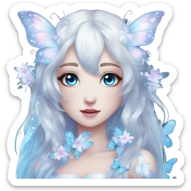 Edgy Cute Cool Kawaii gorgeous sparkly ethereal white fantasy animal with blue eyes sona with flowers and butterflies sticker