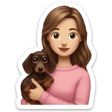 Brunette white girl with long wavy hair in a pink sweater holds a dark brown and cream dachshund long-haired puppy in her arms sticker