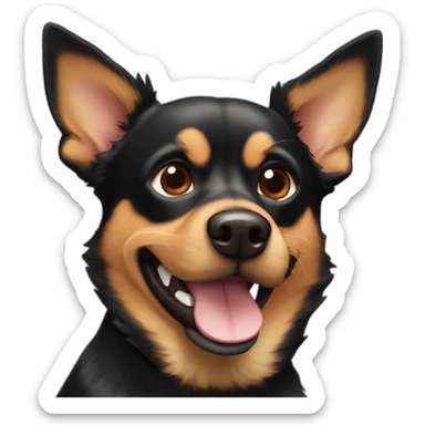 black and brown mutt dog with mostly german shephard head but larger chihuahua eyes with large overbite with left upper sharp canine tooth crooked sticking out of closed mouth sticker