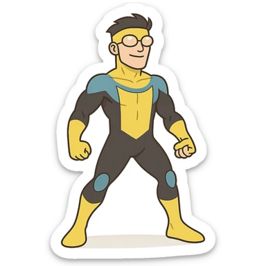 invincible superhero in blue and black suit with yellow goggles heroic stance cartoon style sticker
