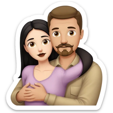 Tall white man with brown mustache and goatee hugging a short pale woman with long black hair sticker