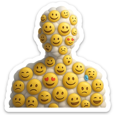 person composed entirely of volumetric emoji clouds, shoulder view, looking straight ahead sticker
