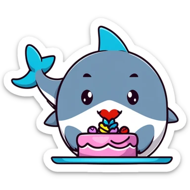 friendly shark with puckered lips kissing a decorated cake sticker