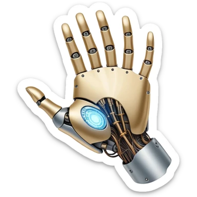 An icon inspired by Da Vinci’s 'The Creation of Adam', featuring a robotic hand reaching out to touch a human hand, symbolizing artificial intelligence. The design includes neural networks, glowing circuits, and a holographic brain. Transparent background sticker
