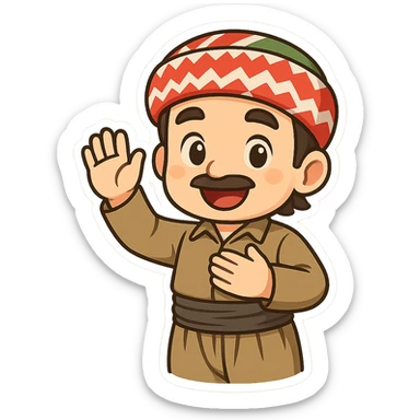 cartoon Kurdish man in traditional Kurdish clothing greeting with hand raised or hand on chest, colorful and cheerful, no text, sticker style suitable for WhatsApp and Instagram sticker