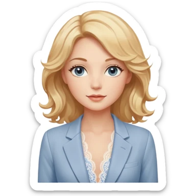 Telegram-style sticker pack of a gentle woman with fair skin, wavy honey-blonde hair, and calm gray-blue eyes. She wears blush lace lingerie and a white blazer, radiating warmth and confidence. Stickers are lively, bright, and expressive, with a soft romantic tone. sticker