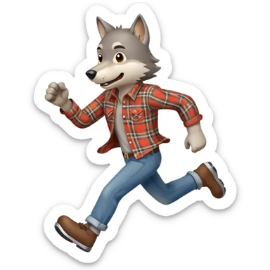 friendly anthropomorphised wolf in a plaid shirt and jeans running sticker