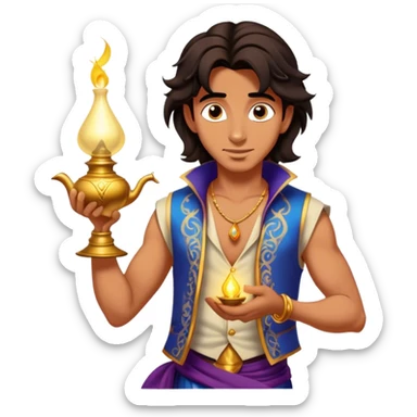 Cinematic Realistic Aladdin Portrait, depicted with lifelike, warm skin textures and a confident yet approachable gaze. His dark, wind-tousled hair frames expressive eyes full of adventure and kindness. Dressed in his iconic vest and loose trousers with intricate detailing, he holds a subtle glimmer of a magic lamp, all rendered under soft natural lighting with a radiant glow that captures his resourceful spirit. sticker