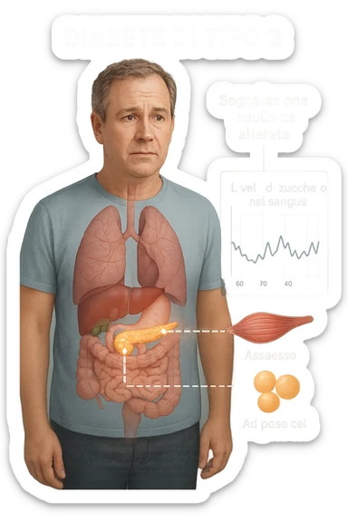 a middle-aged man stands in a clinical setting, with a semi-transparent overlay showing his internal organs. His pancreas is highlighted, and glowing lines or icons indicate disrupted insulin signaling between the pancreas and muscle or fat cells. The man’s expression is slightly concerned, and a digital chart beside him displays fluctuating blood sugar levels. The lighting is realistic, with a clean, modern medical background. scritte in italiano sticker