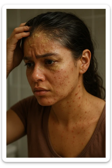 A highly realistic, cinematic close-up portrait of a young woman in her late 20s with medium skin tone, displaying visible folliculitis and seborrheic dermatitis. Small, red, inflamed follicular papules and pustules are scattered along her hairline, jawline, and upper neck, indicating folliculitis. Her scalp and areas around the nose and eyebrows show flaky, greasy yellowish scales, with redness and irritation, indicating seborrheic dermatitis. Her hair appears slightly greasy and clumps near the scalp, emphasizing excess sebum production. She gently touches her irritated scalp with concern while looking at herself in a softly lit bathroom mirror, expressing discomfort and frustration. The environment is neutral and clean, with daylight softly illuminating the scene to highlight the skin and scalp texture. The style is 35mm hyperrealistic, with warm neutral tones and shallow depth of field to maintain focus on her skin, inflammation, and emotional expression, visually explaining the physical discomfort and aesthetic concerns of living with folliculitis and seborrheic dermatitis sticker