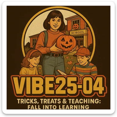 Create a logo that encompasses a retro 80's feel, nostalgic, ALSO RETRO.  Add the words "VIBE25-04: Tricks, Treats & Teaching: Fall Into Learning" sticker