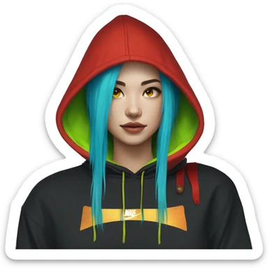 Lady with brunette and iridescent blue hair, gold, lime green dragon wings, black hoodie, bleach dyed, black and gold Nike t shirt, and bright red eyes sticker