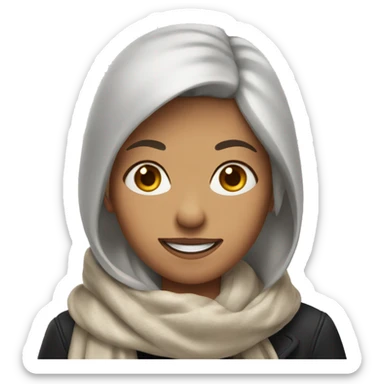 A woman white with freckles and chestnut red hair, wearing a scarf and a black jacket, round face and with a smile sticker