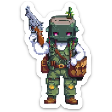 cartoon character with bag on head holding a gun full body sticker