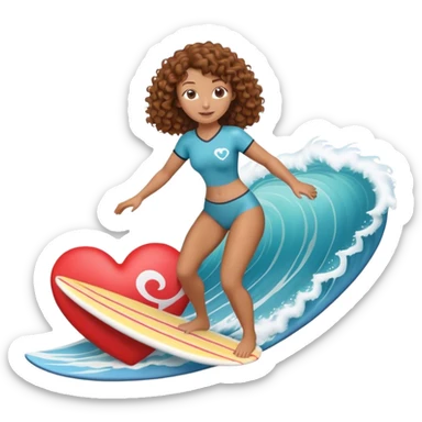 Woman with brown curly hair surfing wave in 3d heart sticker