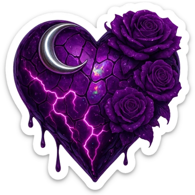 Edit the gothic heart to use fractured deep purple glass, a silver crescent moon, purple roses, iridescent holographic stardust, neon lightning bolts, and a wet, shiny finish. Keep the background transparent. The style should reflect a detailed and vibrant gothic aesthetic with emphasis on the glass texture and reflective wet surface. sticker