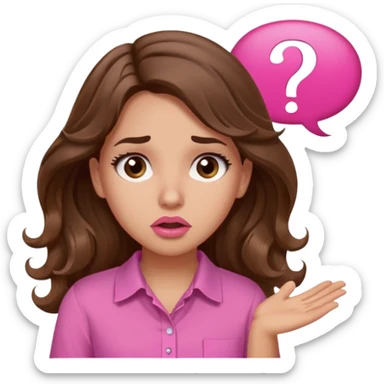 girl with long wavy brown hair, brown eyes, light to medium complexion, in a pink shirt, pink lips, long lashes, confused, question mark one speech bubble sticker
