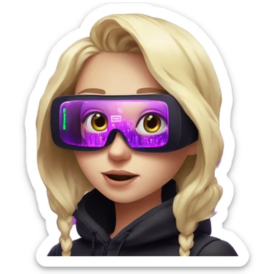 Russian cute blond girl wearing black hoody with violet letters "OMG", in vr headset. Cyberpunk style. Violet neon. sticker