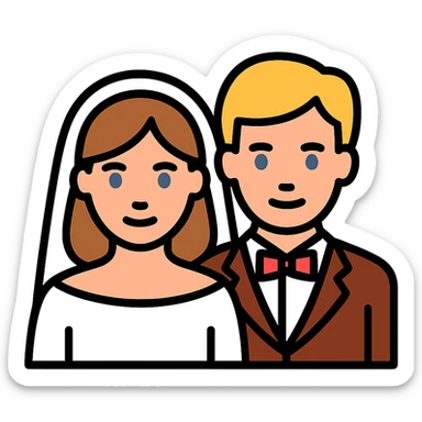 portrait of a bride with light brown hair and grey-blue eyes, and a groom with blonde hair, blue eyes, wearing a brown suit sticker