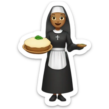 a nun wearing green presenting a shepherd pie sticker