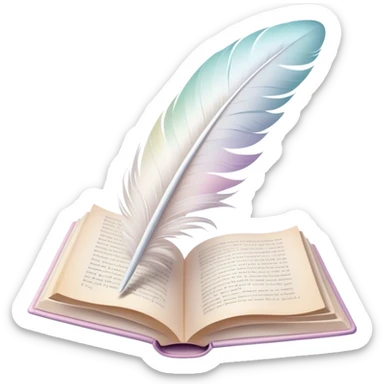 Create a delicate and poetic emoji representing poetry. The design should feature several elegantly flying pages with short poetic columns written on them. The pages should appear light and flowing, almost as if being carried by the wind. Include one white feather, gently resting on the pages, symbolizing creativity and inspiration. Use soft, pastel tones to give it a dreamy, artistic feel. The design should feel ethereal and whimsical, capturing the essence of poetry. Make the background transparent. sticker
