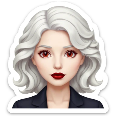 A detailed emoji of a stylish woman with wavy white hair, light gray eyes, and deep red lipstick. She has a confident and elegant expression, glossy and vibrant, resembling a modern digital emoji. sticker