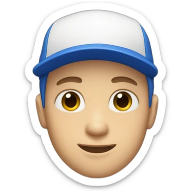 young white man with blue cap and white tshirt sticker