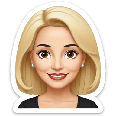 Professional portrait of Linette Torres, Puerto Rican actress in her 50s with light skin, age-appropriate features, charismatic expression, bright eyes, beautifully shaped eyebrows, charming smile, elegant blonde hair, wearing a classic black top sticker